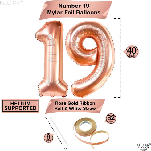 KatchOn Giant Rose Gold 19 Balloon, 40 Inch Birthday Balloons with Confetti for Happy 19th Birthday