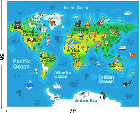 5x7ft Kids Playroom Rug, World Map Play Mat with Cute Animals, Washable Durable Soft Carpet Kid Educational Rugs