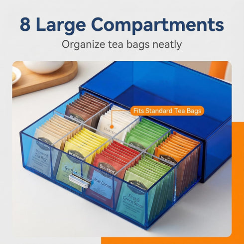 HappyDino Countertop, Acrylic Tea Bag Organizer and Storage Box Stackable Tea Bag Holder with Drawer for Navy Blue
