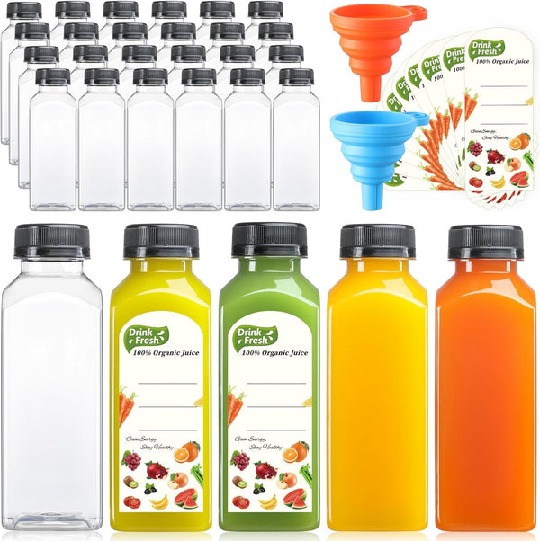 24 PACK, 12 OZ Reusable Plastic Juice Bottles with Caps, Plus 24