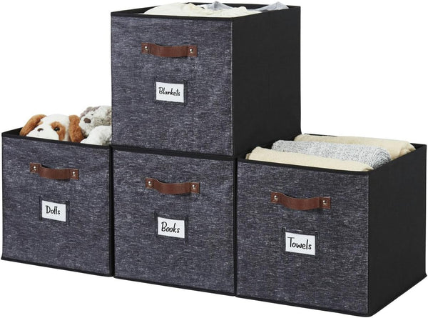 DECOMOMO Storage Baskets 13x15x13 - Storage Cube Bins with Label Holders for Organizing Shelves, 4pcs, Black Pattern