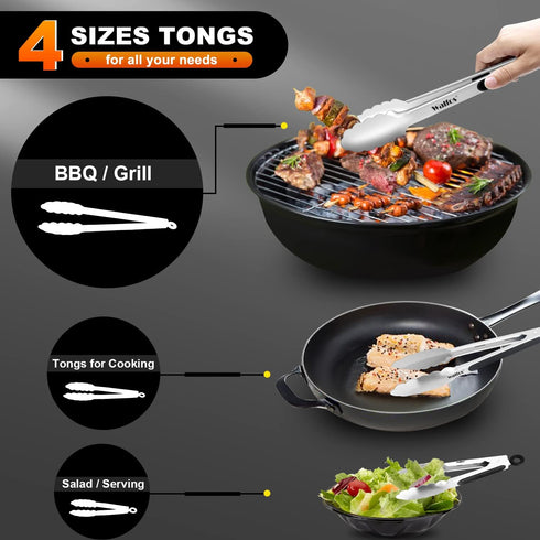 Walfos Stainless Steel Kitchen Tongs for Cooking, BBQ - 7 ,9, 12 and 14 Inch,Set of 4 Heavy Duty Locking Metal Food Tongs Non-Slip Grip by Walfos