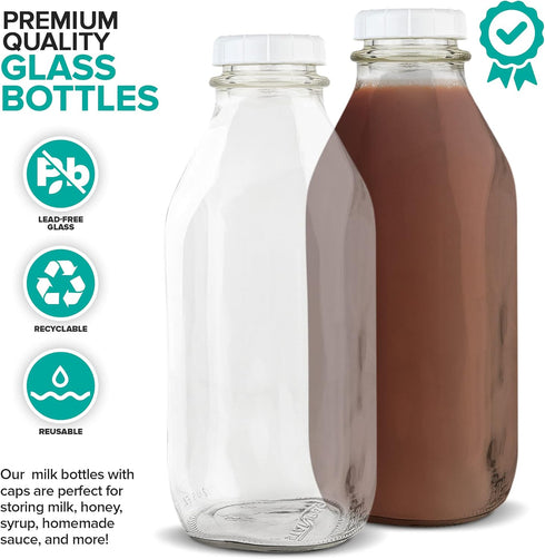 Stock Your Home 32 Oz Glass Milk Bottle with Lid (3 Pack) - Reusable Food Grade Container for Milk, Juice, Water, Honey