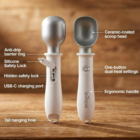 Heated Ice Cream Scoop Rechargeable, Dual Temperature Electric Warming Ice Cream Scoop with Safety Switch, Heavy Duty
