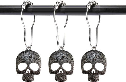 Set of 12 Decorative Sugar Skull Shower Curtain Hooks - Stainless Steel Rustproof Skeletons Bathroom Rings (Black)