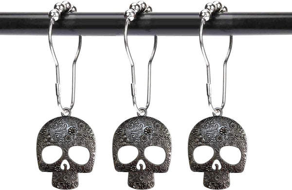 Set of 12 Decorative Sugar Skull Shower Curtain Hooks - Stainless Steel Rustproof Skeletons Bathroom Rings (Black)