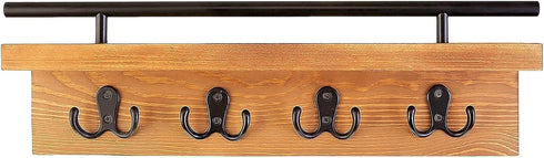 Mail and Key Holder for Wall, Decorative Wooden Shelf with Hooks, Wall Mounted Coat Rack (Light Brown)
