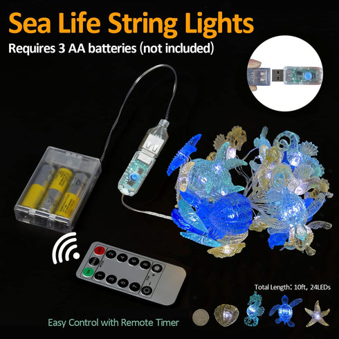 30LED 10ft Ocean Themed String Lights Marine Life Night Light Beach Dcor Sea Turtle Seahorse Starfish Clam Decorative