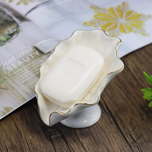 Soap Dish Ceramic White - Lotus Leaf Shape Holder - Self Draining Soap Dish for Bathroom, Kitchen, Bar Counter