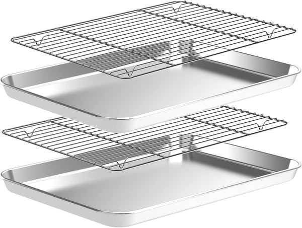 Small Baking Sheet with Cooling Rack Set, CEKEE Stainless Steel Cookie Sheets for Baking, 9 x 7 x 1 Inch