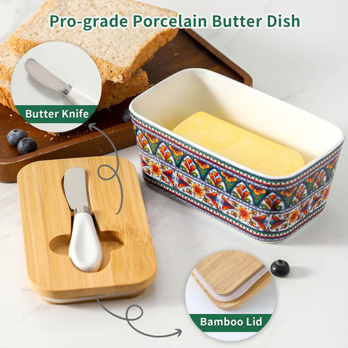 Countertop, Butter Dish with Lid for Hasense Large Ceramic Bohemian Butter Container Keeper Holder with Cover and Knife