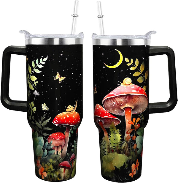 WENININOK Mushroom Cup 40 OZ Tumbler with Handle and Straw Lid Leak Proof