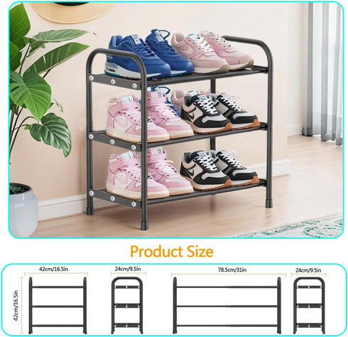 3 Closet,Slim Expandable Shoe Rack, Tier Adjustable Shoe Organizer Shelf for Narrow Black Metal Free Standing Shoe Rack