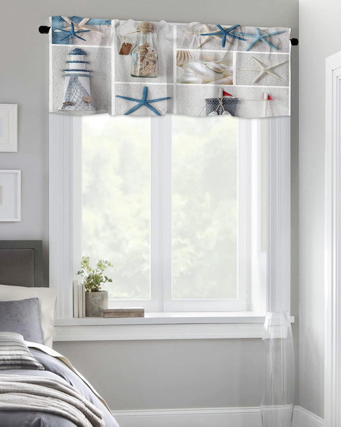 Summer Coastal Grid Valances Curtain for Kitchen Cafe, Ocean Starfish Lighthouse Window Valance Short Curtains 42"x 12" Rod Pocket Windows Treatment Drape for Living Room Bedroom Nautical Theme by Chucoco