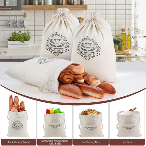 3-Pack 12x17.5 Inch Linen Bread Bags for Homemade Bread & Sourdough, Unbleached with TPU Lining - Reusable Washable