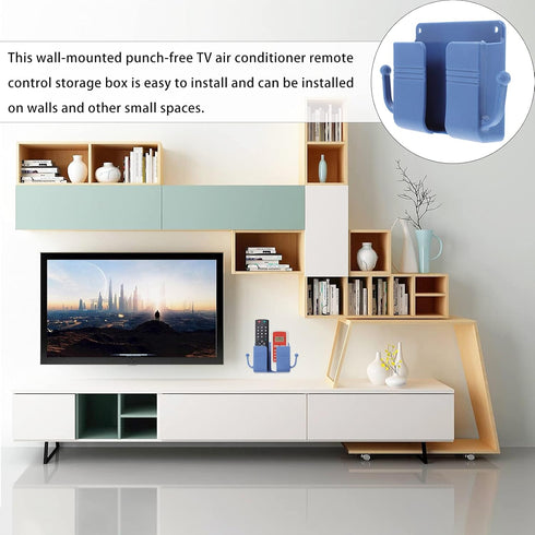Healifty 5pcs Remote Control Holder with Hook Plastic Shaped Punch- Free Wall Mounted Media Storage Box Air Conditioner TV Remote Organizer for Home Bedroom ( Blue )
