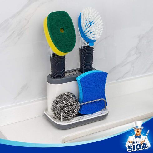 MR.SIGA Kitchen Sink Caddy, Organizer Sponge Brush Holder with Drip Tray, White & Gray