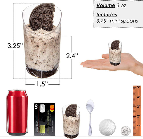 DLux Mini Dessert Cups 28 x 3 oz with Spoons, Clear Plastic Slanted Triangle Parfait Appetizer Cup - Small Reusable