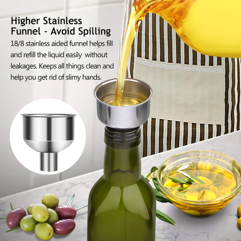 AOZITA 500ml Glass Olive Oil Dispenser Bottle Set - Dark Green Cruet with Pourers, Funnel, Labels, 17 Oz (Pack of 2)