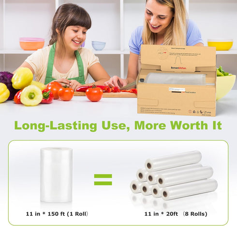 Bonsenkitchen 11” x 150’ Food Vacuum Seal Roll Keeper with Cutter, BPA Free Vacuum Sealer Bags Rolls
