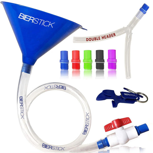Beer Bong Tube and Funnel - with Valve, Optional Single or Double Header Y-Attachment, 5 Interchangeable Mouthpieces