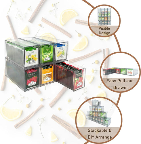 AZEZO 6-Pack 6 Tea Bag Drawers Organizer - Clear Plastic Drawer Tea Bag Holder; Stackable & Portable; Wider Size;