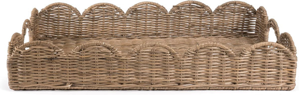 happimess TRY1000A Scalloped 21.5" Southwestern Cottage Hand-Woven Rattan Tray with Handles for