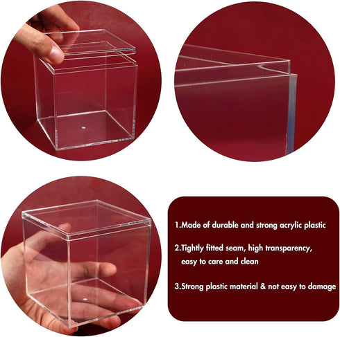 Kamehame Acrylic Boxes for Display, 3 Pack Clear Plastic Square Cube, 3.3x3.3x3.3Inch Small Storage Boxes with Lid