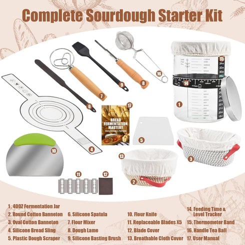40oz 10" 11" Set Sourdough Starter Kit, Sourdough Bread Baking Supplies with Jar, & Cotton Banneton Proofing Baskets