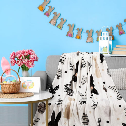 Windkream 50 60'' Cozy x Easter Throw Blanket Soft Flannel Bunny Blanket for Couch Bed Sofa Retro Rabbit Flannel Throw
