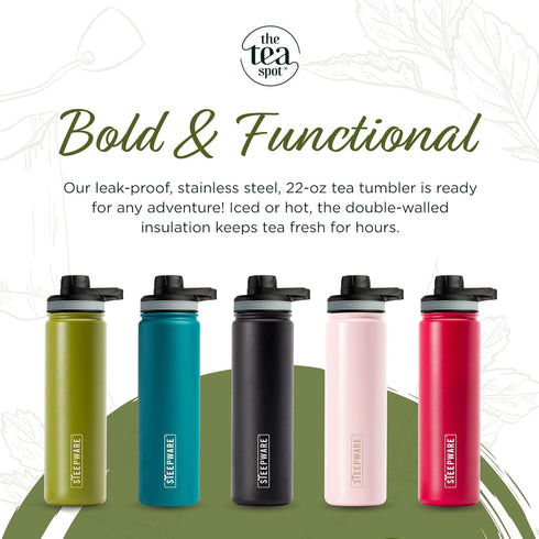 22oz, The Tea Spot Steepware Tea Tumbler and Thermos, Tea Bottle with tea infuser for loose leaf tea or iced coffee