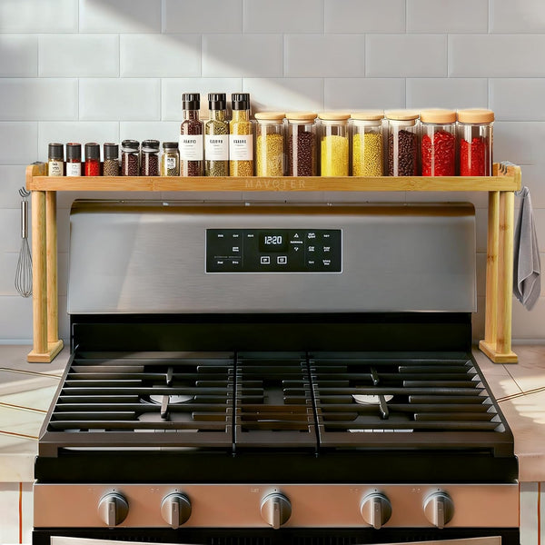 MAVOTER Over The Stove Top Shelf for Kitchen Bamboo Spice Rack Organizer