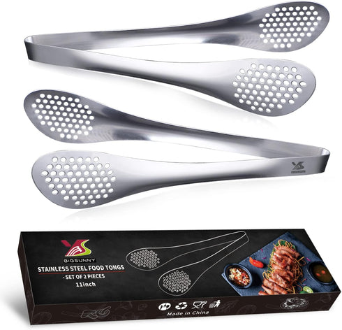 MSY BIGSUNNY 11Inch Kitchen Cooking Food Tongs, Stainless Steel Buffet Tongs (Silver, 2 Pack)