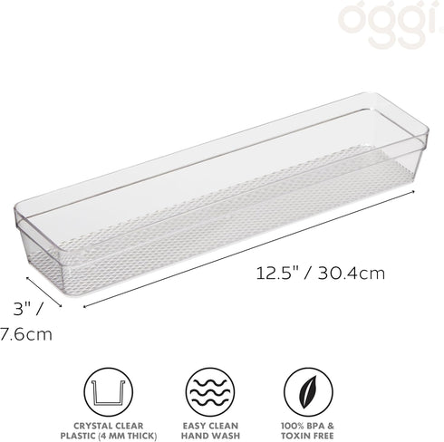 Oggi Clear Drawer Organizer - 3" X 12.5" - Ideal for Organizing Kitchen Drawers, Office, Desk, Silverware, Kitchen Utensils, Cosmetics and Bathrooms by Oggi
