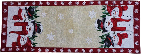 Table Runner with Trio of Snowmen, Sparkling Snowflakes, Trees and Glitter Tapestry 36 inches for Winter and Christmas