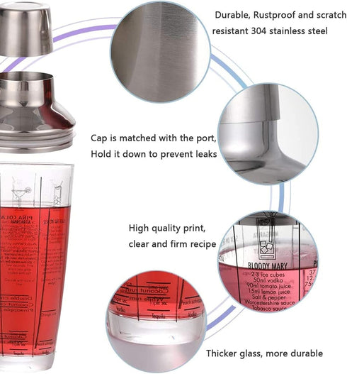 Cocktail Shaker, 12oz Glass Martini Shaker with Measured Mixing Stainless Steel Top Cobbler