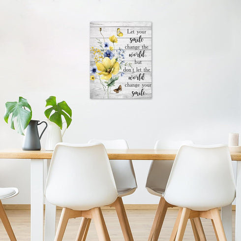 LB Yellow Floral Wall Art - Butterfly Blue Flower Funny Inspirational Canvas for Bathroom Rustic Farmhouse Decor