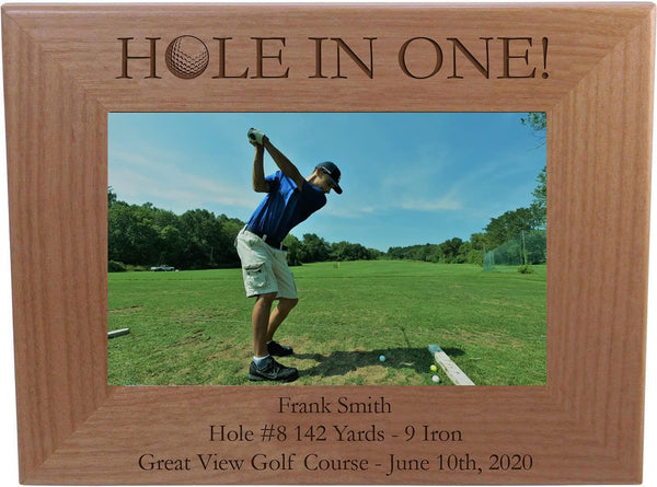 Personalized Hole-In-One Golf Laser Engraved Solid Natural Alder Wood Golfing Tabletop/Hanging Picture Frame (4x6-inch)