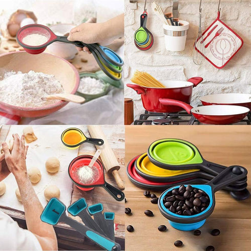 Collapsible Measuring Cups and Spoons, 8 Piece Set Portable Food Grade Silicone for Liquid & Dry Measuring