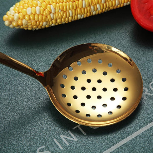 Gold Skimmer, Berglander Metal Strainer with Titanium Gold Plating, Kitchen Cooking Skimmer for Non-Stick Cookware