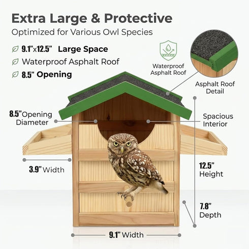 VORA 9 Inches Owl House, Wooden Bird House with Food Rack, Large Handmade Opening Owl Nesting Box with Mounting Screws