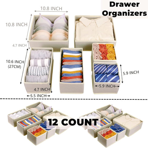 12 Pack Closet Clothing,Socks,Bra,Towels,Ties(12 Pack,Beige) Fordonral Drawer Organizer Clothes, Foldable Fabric