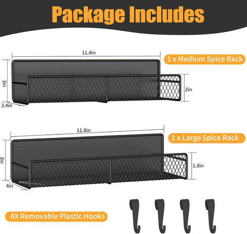 2 Pack Magnetic Spice Rack for Refrigerator, Metal Magnetic Shelf Black, Moveable Spice Organizer with Hooks, Super