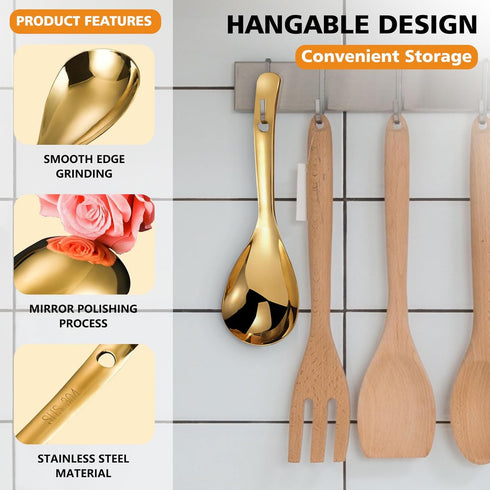 9 Inch Gold Stainless Steel Rice Spoon Paddle, Non-Stick Rice Spatula Scoop, Kitchen Utensil for Serving Cooking