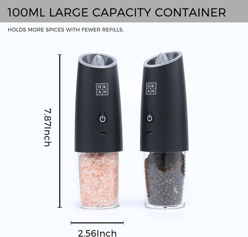 Set 591 (100ml) Electric Salt and Pepper Grinder Gravity Tilt-to-Grind, USB-C Rechargeable, Adjustable Ceramic Burr