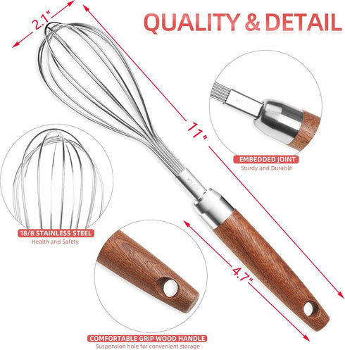 Whisk for Cooking,Stainless Steel Wire Wooden Handle Kitchen Hand Whisk Multi Function Non Stick Balloon Whisk Egg Beater for Blending Whisking Beating Frothing Stirring Batters (11"L x 2.1"W) by FDEYIQ