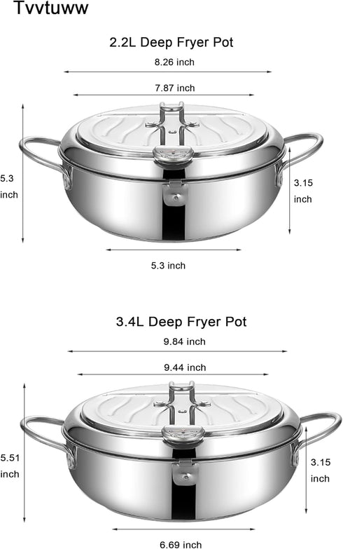 Deep Fryer Pot, 304 Stainless Steel with Temperature Control, Lid, and Oil Drip Drainer Rack, 9.4 Inch