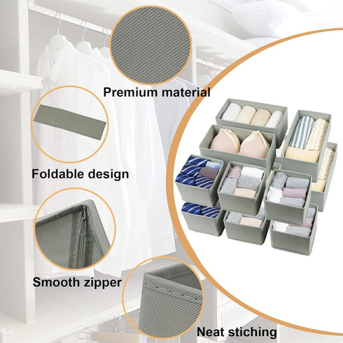 Set of 12 Drawer Organizer, Fabric Closet Organizer and Storage Baskets for Clothing, Sock, Ties, Gray