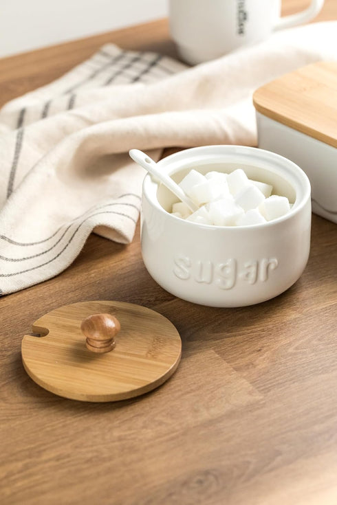 LYEOBOH Sugar Bowl with Lid and Spoon, 17 OZ Ceramic Sugar Jar for Coffee Bar, White Sugar Container for Kitchen