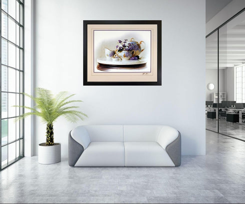 Country Wall Decor Art Print Poster, Violets Flowers & Kettle Tea Pot Still Life (16x20)